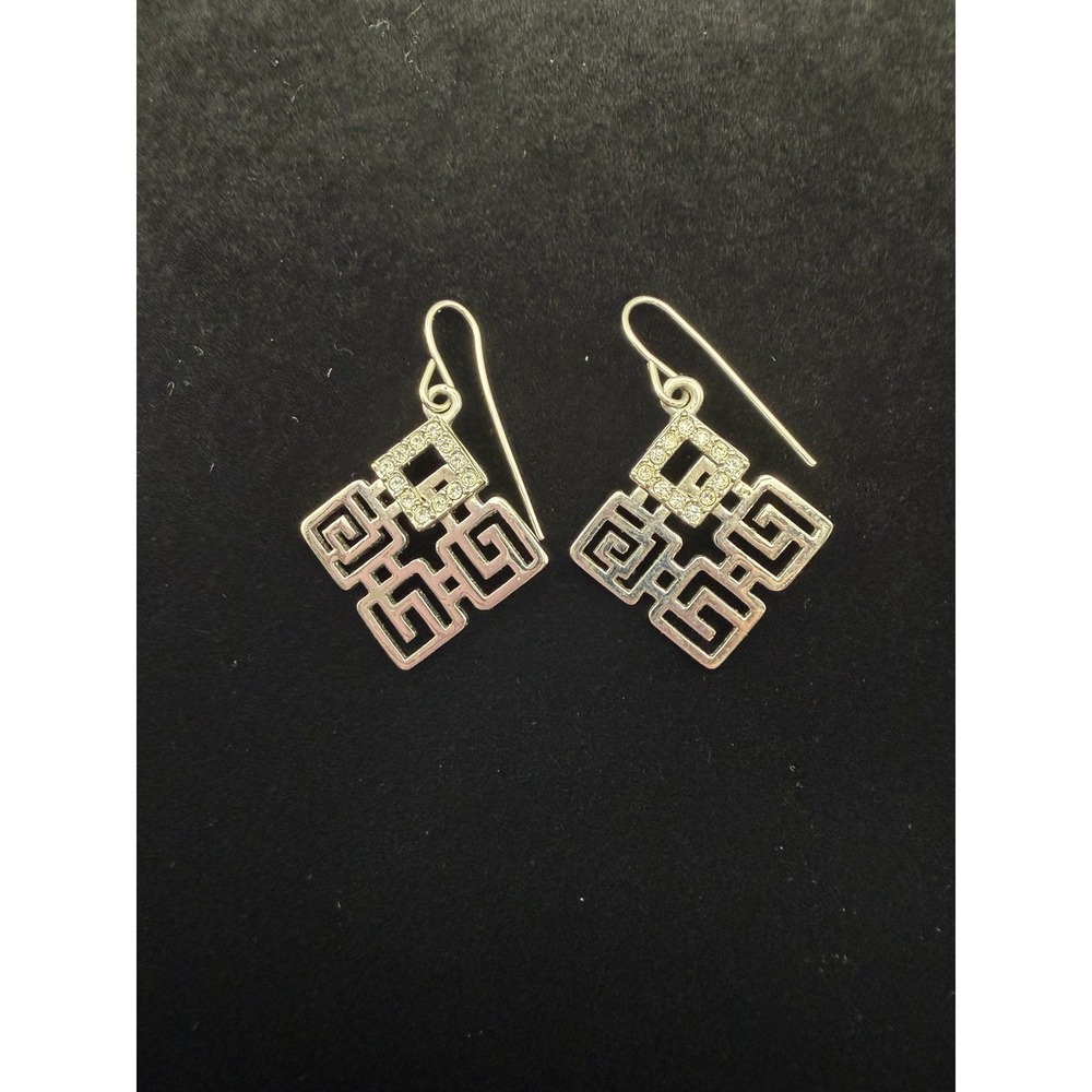 Greek Key French Wire Dangle Earrings Silver Plate And Pave Crystals - Picture 2 of 2
